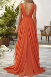 Orange Chiffon Hochzeitsgastkleid mit Rüschen in A-Linie